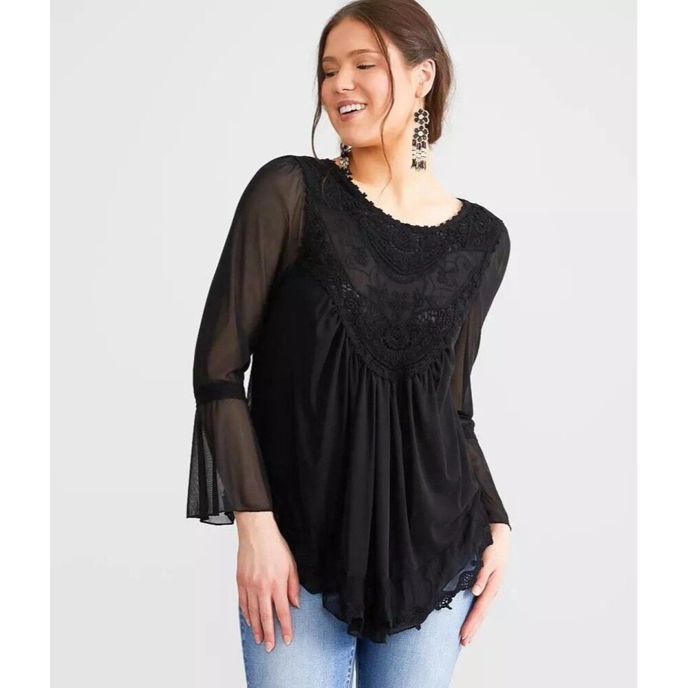 Ultra Pink Womens Blouse Lace Sheer Witchy Goth Grunge Black Size Medium NWT